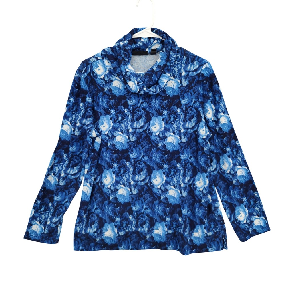 Susan Graver Womens Floral Roses Cowl Neck Pullover Top SZ M Blue Long Sleeve